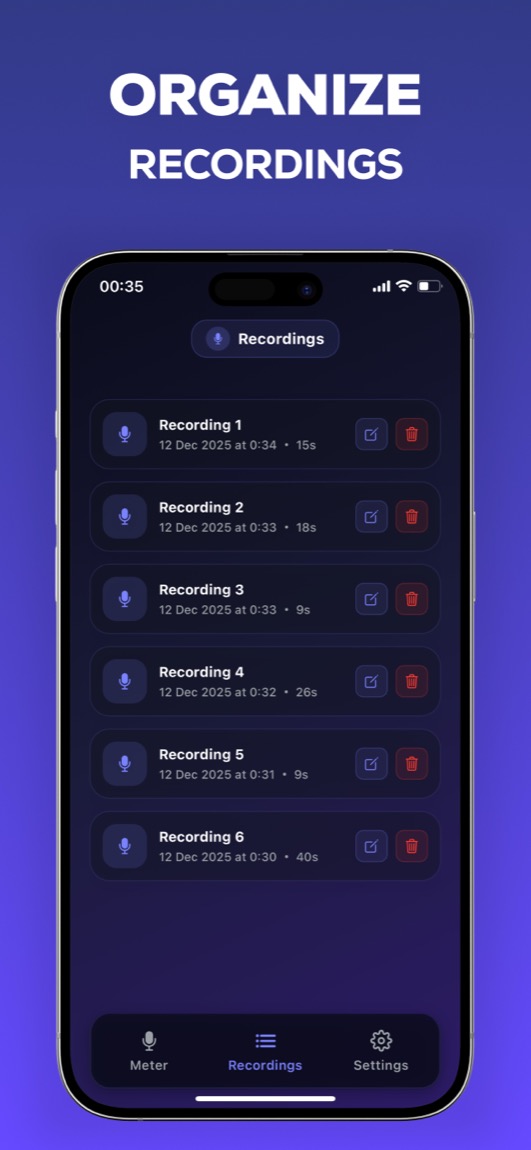 Decibel Meter iOS app showing frequency analysis